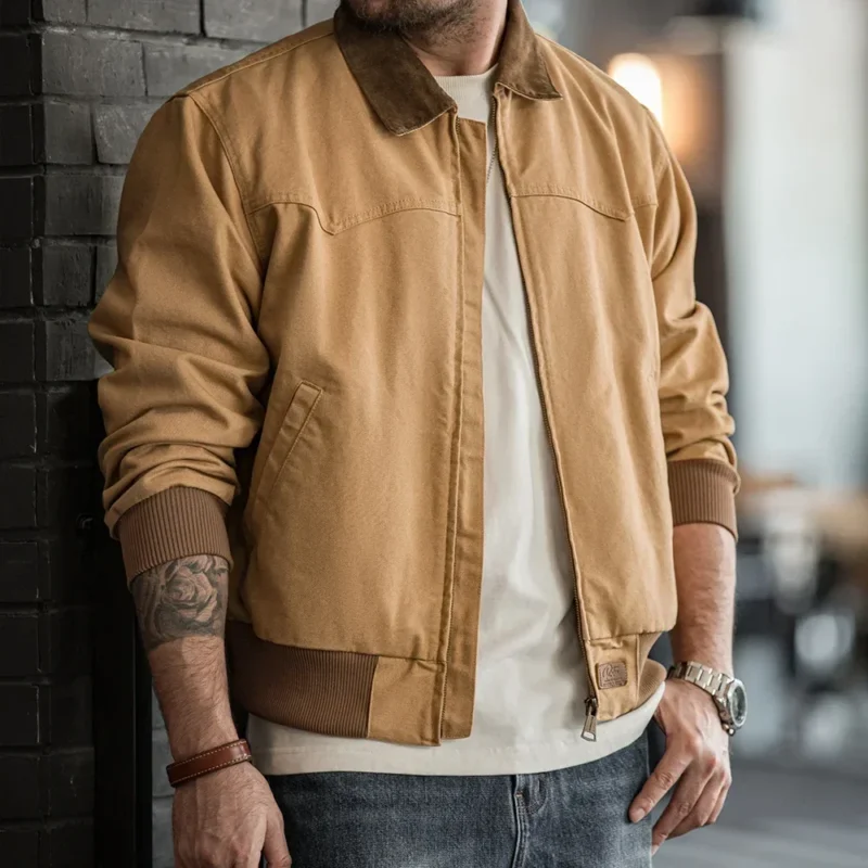 Maden Retro Heavyweight Santafe Canvas Jackets Cotton Corduroy Lapel Ribbed Hem Cuffs Short Jacket for Men's Autumn Overcoat - Image 5
