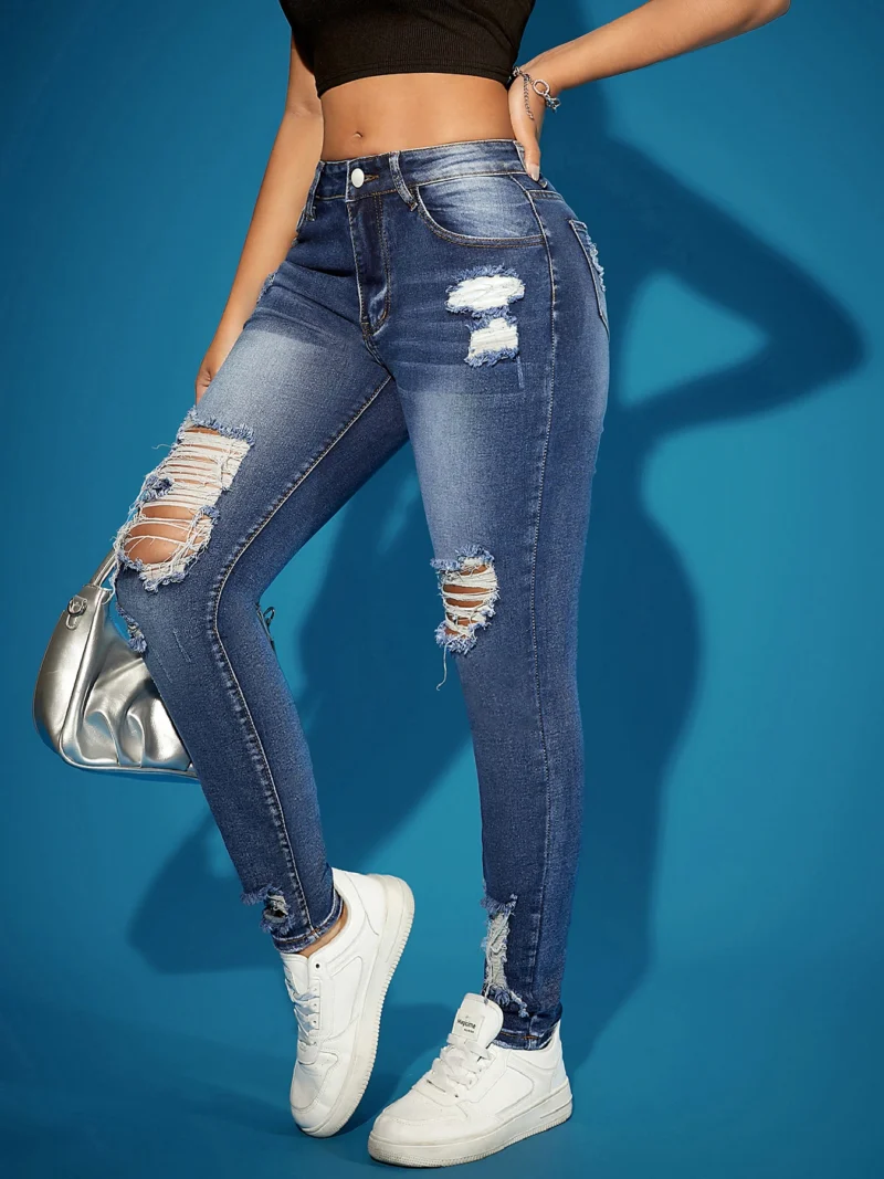 Women's Ripped Super Stretch Skinny Jeans High Waist Tummy Control Black Destroyed Vintage Nightclub Trendy Hot Selling - Image 5