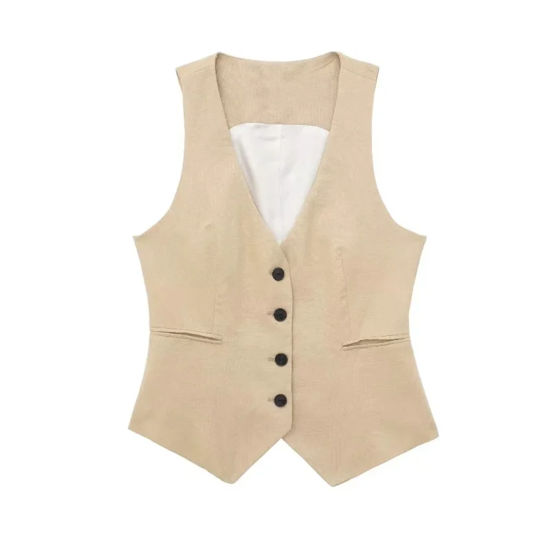 TRAF Fashion Women's Vest Linen Sleeveless Suit Vest Coat for Women Autumn Korean Female Black White Suit Vest Top - Image 4