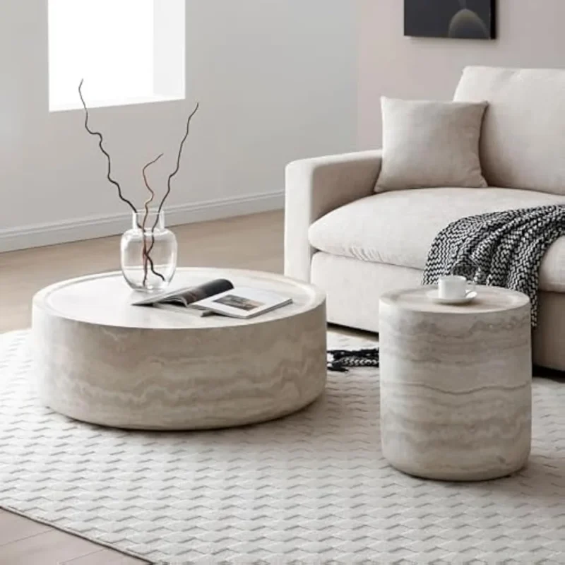 Coffee Table Set of 2, Faux Marble Side Table Round Tea Table Faux Travertine Textured for Living Room, Office, Apartment, - Image 3