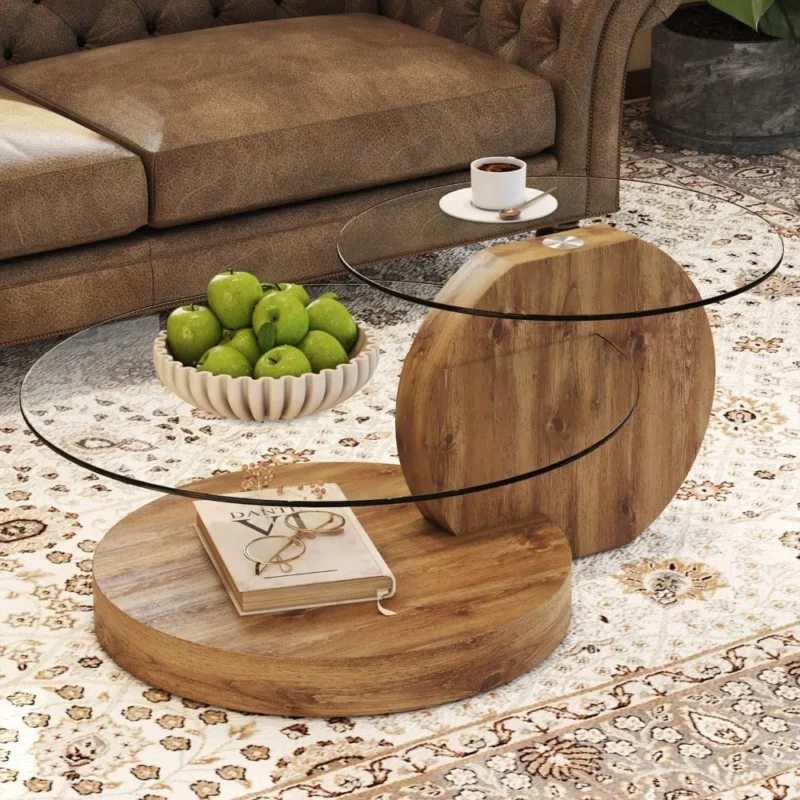 42 Inches Glass Coffee Table, Modern Round Tempered Glass Coffee Tables for Living Room, 3-Tier Circle Wood Coffee Table with St - Image 6