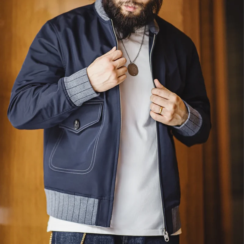 Maden Retro A1 Flight Short Blue Jacket with Contrast Color Splicing Baseball Uniform Coat for Men's Overcoat Spring and Autumn