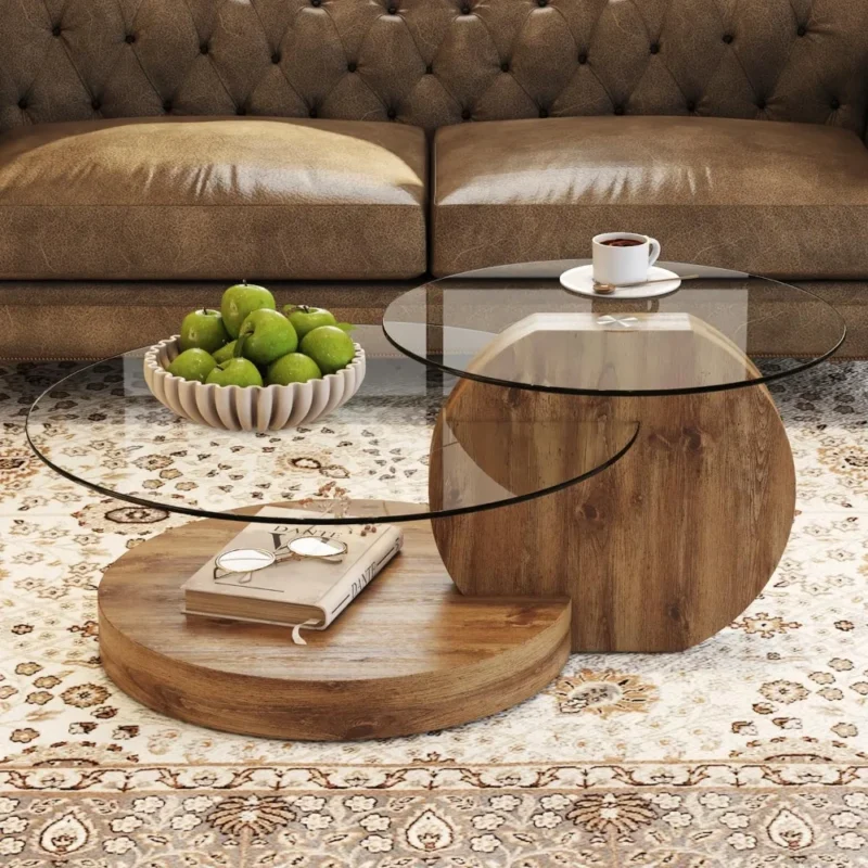 42 Inches Glass Coffee Table, Modern Round Tempered Glass Coffee Tables for Living Room, 3-Tier Circle Wood Coffee Table with St