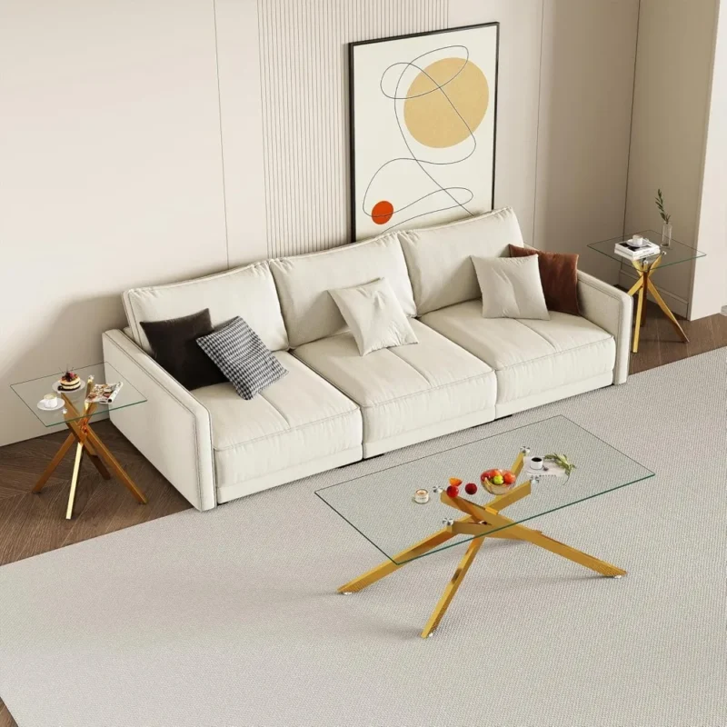 Living Room Set - Glass Coffee Table and 2 End Tables with Modern Design Set of 3 (Large Coffee Table + End Table x2, Gold) - Image 3