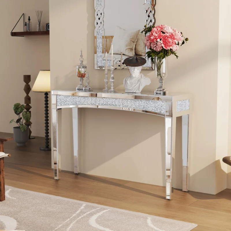 47.2" Mirrored Desk Silver Console Table Mirror Sofa Table with Crystal Inlay Front for Living Room, Entryway, Foyer - Image 4