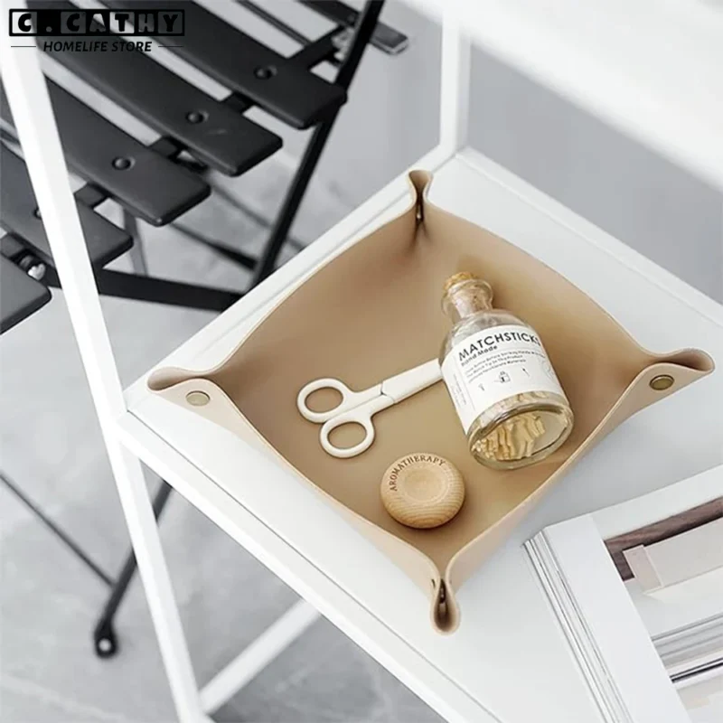 Leather Tray Foldable Table Catchall Storage Box Jewelry Key Coin Desk Top Organizer Entryway Nightstand Home Office Decoration - Image 5