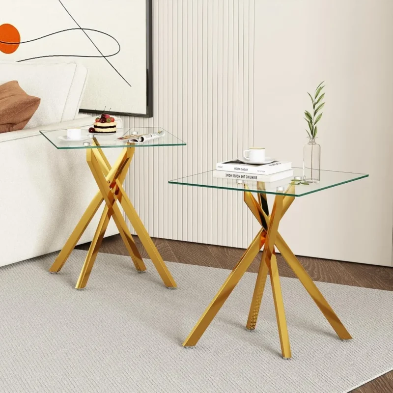 Living Room Set - Glass Coffee Table and 2 End Tables with Modern Design Set of 3 (Large Coffee Table + End Table x2, Gold) - Image 5