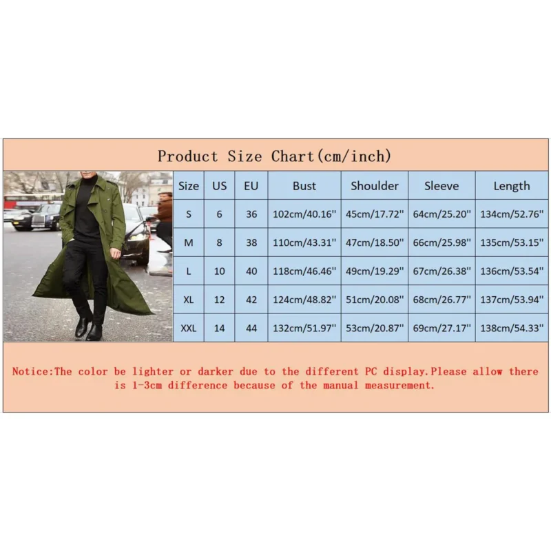 Fashion Streetwear Men's Overcoat Solid Color Casual Long Trench Coat British Lapel Double Breasted Windbreaker Spring Autumn - Image 3