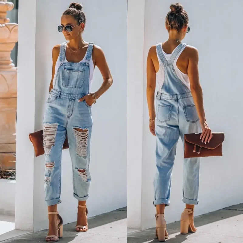 Women Jeans Long Pant Denim Pants One Piece Suspenders Straight Trousers Splice Hole High Waist Casual Overalls Autumn - Image 3