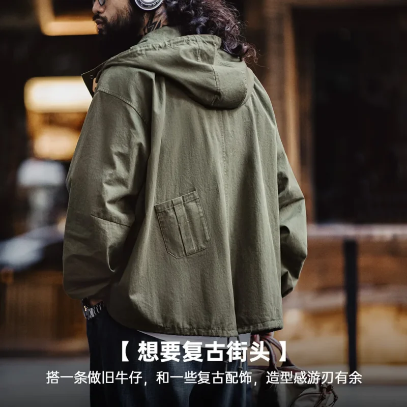 Maden Vintage Green M51 Hooded Jacket Loose Fishtail Short Overcoat Men's Versatile Outwear with Pockets Hidden Button Placket - Image 3