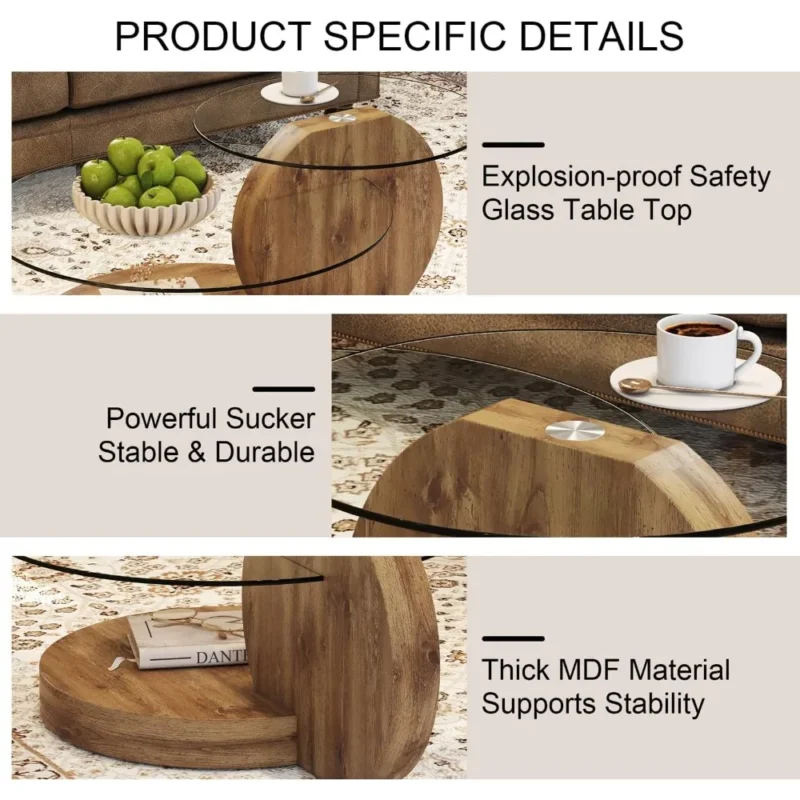 42 Inches Glass Coffee Table, Modern Round Tempered Glass Coffee Tables for Living Room, 3-Tier Circle Wood Coffee Table with St - Image 4
