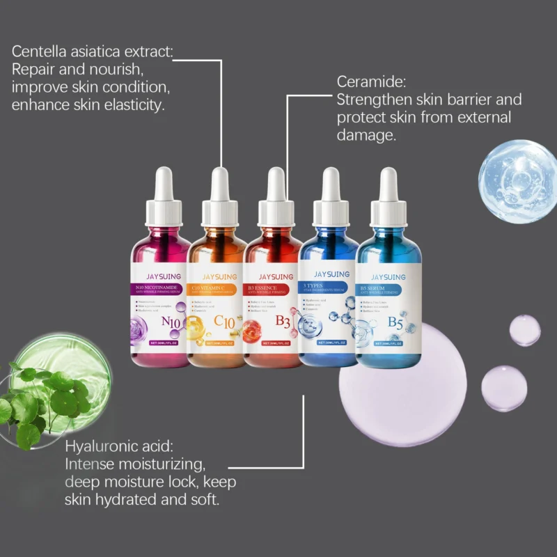 Facial Serum Skin Care Sets 5PCS Hyaluron Acid Vitamain C Niacinamide Fade Wrinkle Shrink Pores Moisturizing Brighten B5 Essence - Image 3