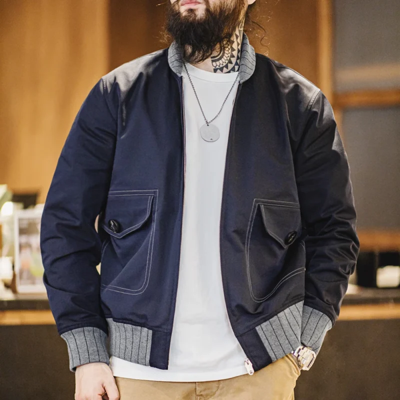 Maden Retro A1 Flight Short Blue Jacket with Contrast Color Splicing Baseball Uniform Coat for Men's Overcoat Spring and Autumn - Image 4