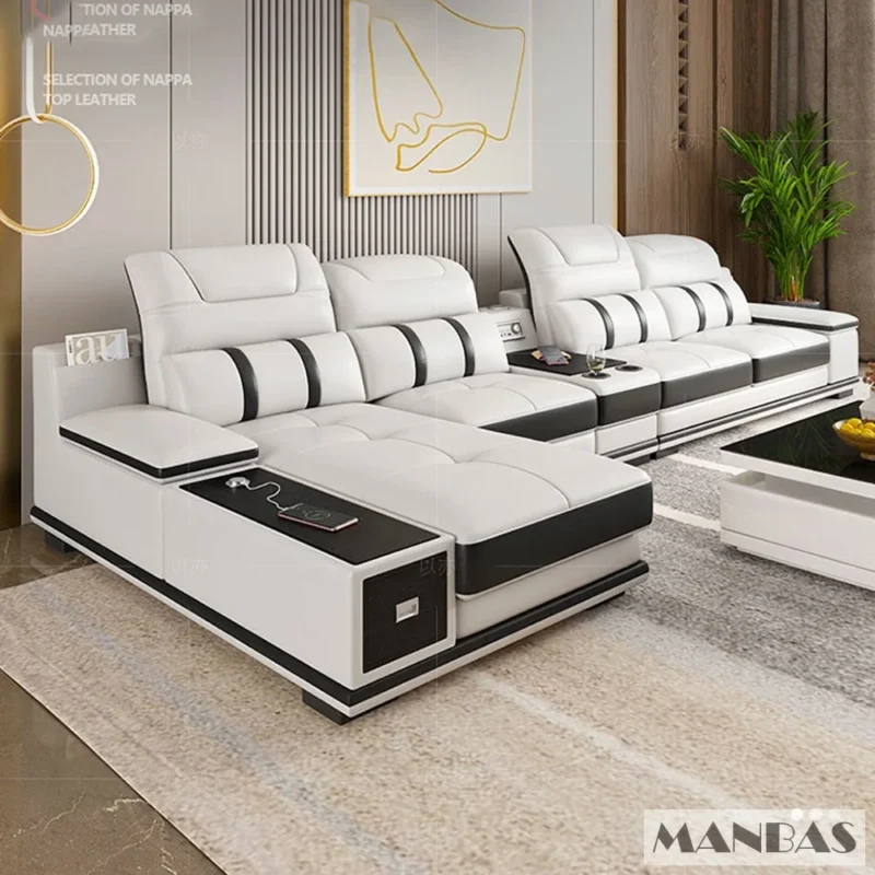 Modern Genuine Leather Sofa Living Room By MANBAS - Stylish Italian Couch with Bluetooth Speaker, USB & Adjustable Headrests - Image 3