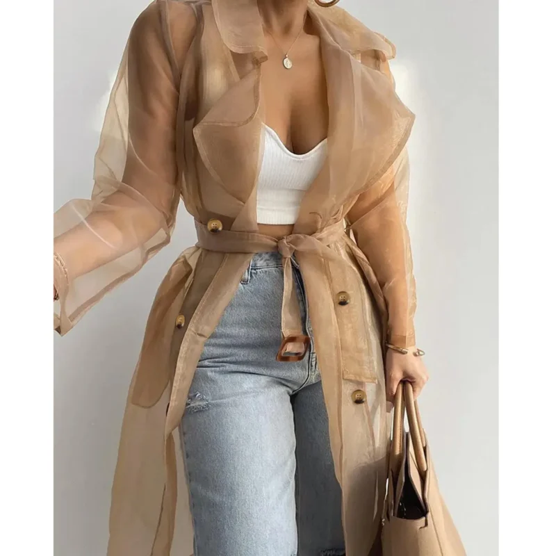 Fashion Cool Mesh Transparent Trench Coat Women's 2024 New Lace-up Sunscreen Shirt Net Yarn Long Shirt Thin Coat With Belt - Image 4