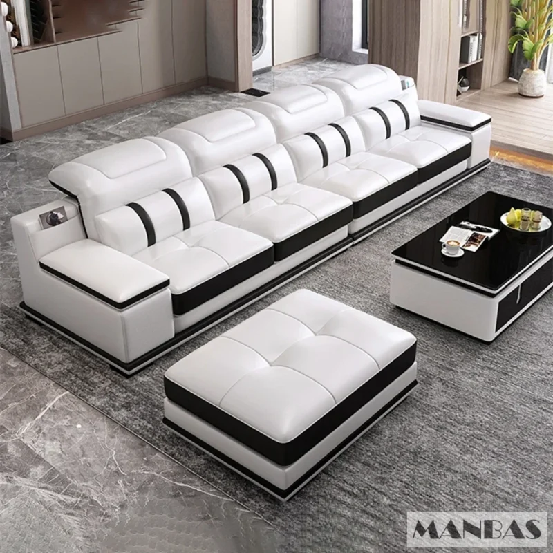 Modern Genuine Leather Sofa Living Room By MANBAS - Stylish Italian Couch with Bluetooth Speaker, USB & Adjustable Headrests - Image 2