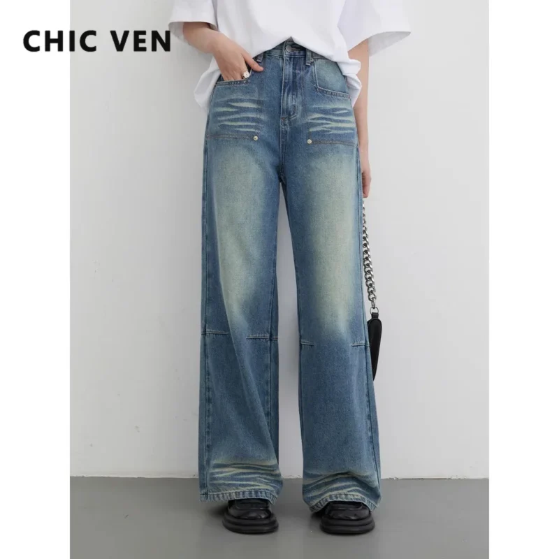 CHIC VEN Women Jeans Vintage High Waisted Washed Loose Female Trousers Wide Leg Pants for Woman Spring Autumn 2024