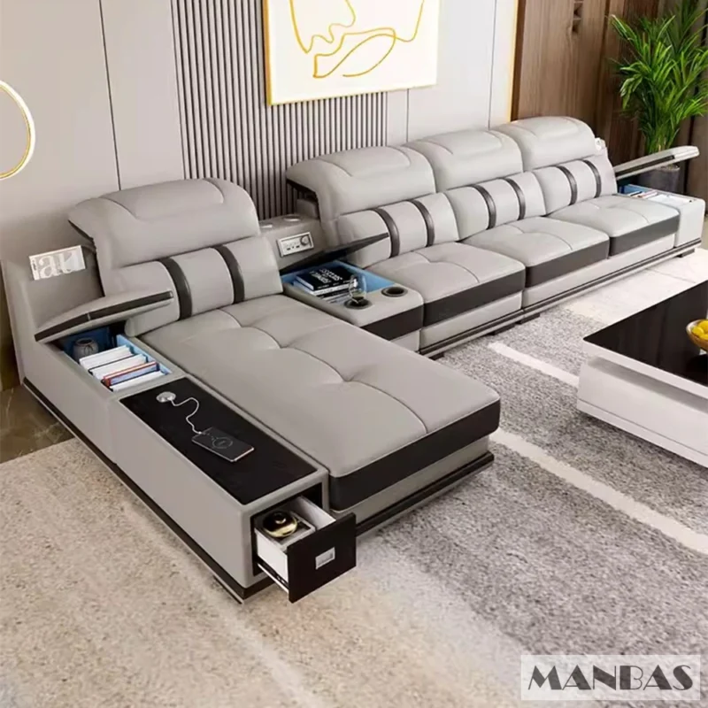 Modern Genuine Leather Sofa Living Room By MANBAS - Stylish Italian Couch with Bluetooth Speaker, USB & Adjustable Headrests - Image 5