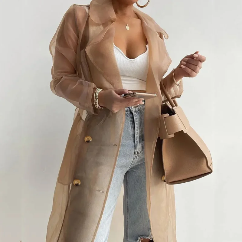 Fashion Cool Mesh Transparent Trench Coat Women's 2024 New Lace-up Sunscreen Shirt Net Yarn Long Shirt Thin Coat With Belt - Image 3