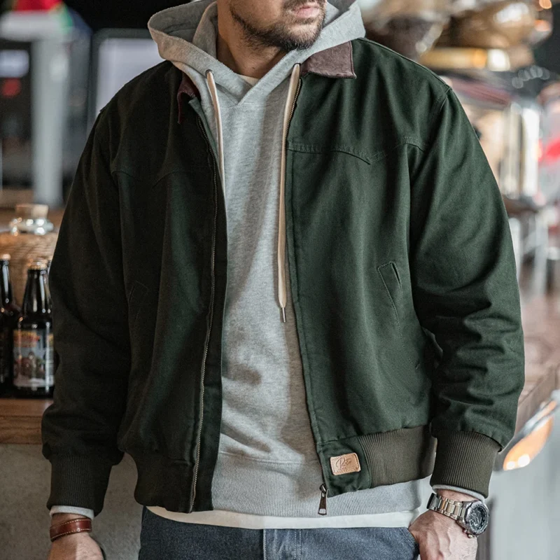 Maden Retro Heavyweight Santafe Canvas Jackets Cotton Corduroy Lapel Ribbed Hem Cuffs Short Jacket for Men's Autumn Overcoat