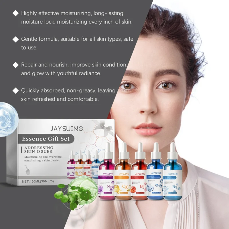 Facial Serum Skin Care Sets 5PCS Hyaluron Acid Vitamain C Niacinamide Fade Wrinkle Shrink Pores Moisturizing Brighten B5 Essence - Image 5