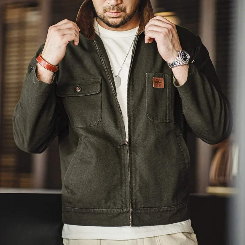 Maden Retro Corduroy Collar Heavyweight Detroit Jacket Canvas Hunting Short Zip-Up Jacket with Pockets Men's Autumn Overcoat Top - Image 3