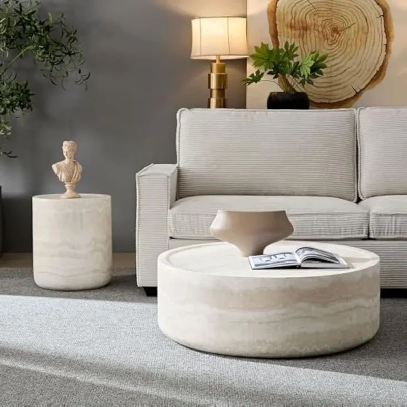 Coffee Table Set of 2, Faux Marble Side Table Round Tea Table Faux Travertine Textured for Living Room, Office, Apartment, - Image 4