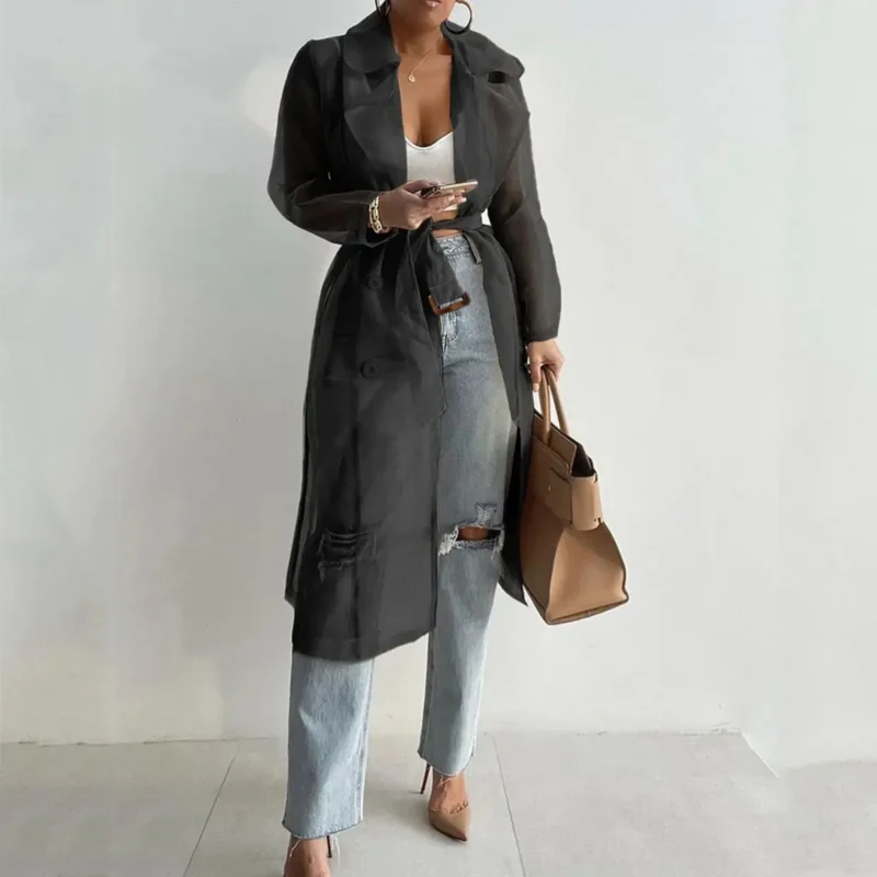 Fashion Cool Mesh Transparent Trench Coat Women's 2024 New Lace-up Sunscreen Shirt Net Yarn Long Shirt Thin Coat With Belt - Image 2