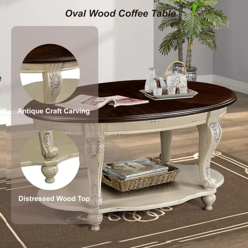 Solid Wood Coffee Table Set for Living Room, Coffee Table & 2 End Side Table 3-Piece Set with Open Storage for Office Apartment - Image 4