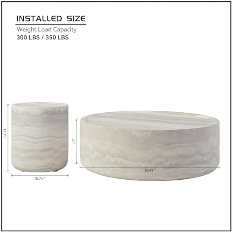Coffee Table Set of 2, Faux Marble Side Table Round Tea Table Faux Travertine Textured for Living Room, Office, Apartment, - Image 2