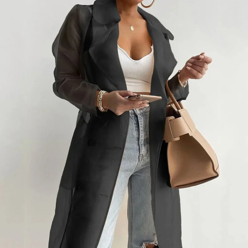 Fashion Cool Mesh Transparent Trench Coat Women's 2024 New Lace-up Sunscreen Shirt Net Yarn Long Shirt Thin Coat With Belt