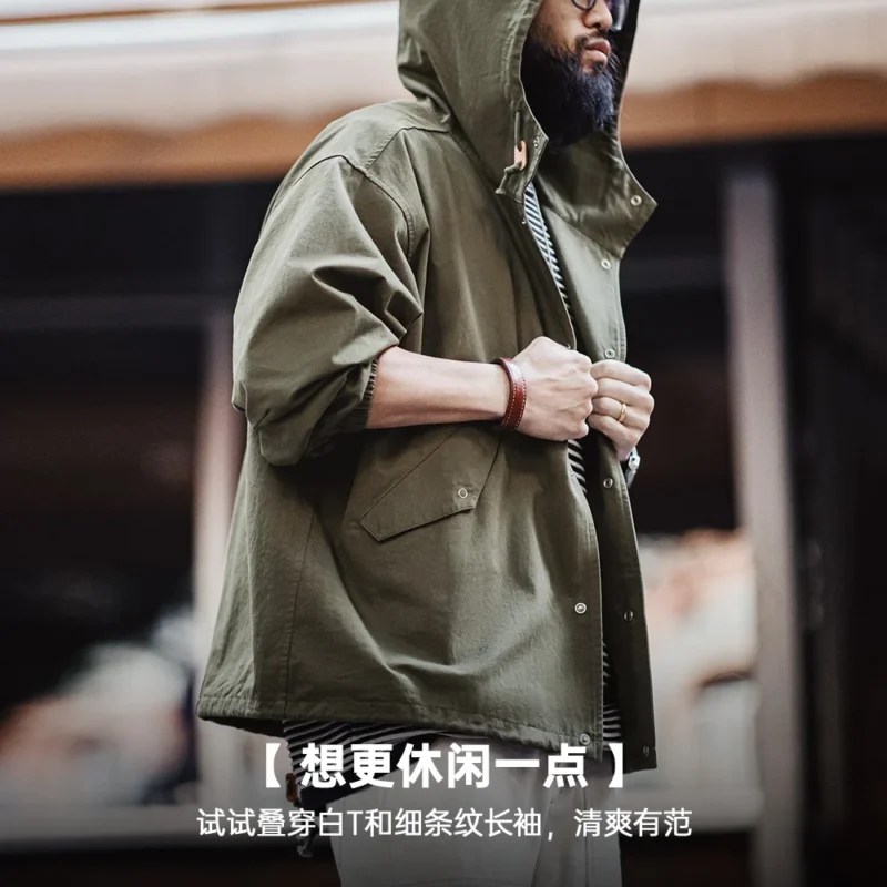 Maden Vintage Green M51 Hooded Jacket Loose Fishtail Short Overcoat Men's Versatile Outwear with Pockets Hidden Button Placket - Image 2