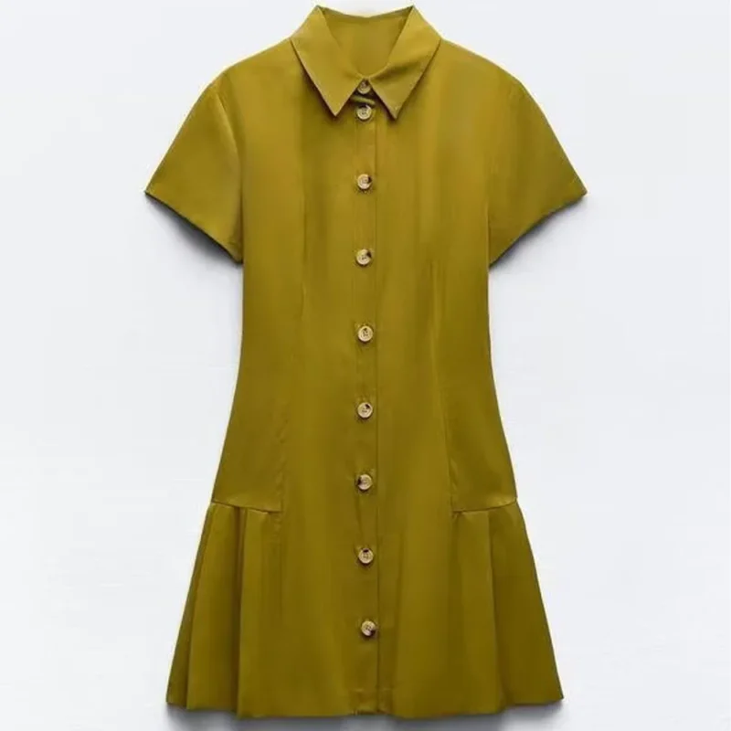 2024 ZAR4 Summer New Women's Fashion Style Solid Color Casual Single breasted Flip Collar Shirt Dress - Image 3
