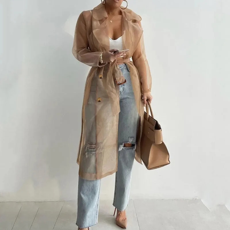 Fashion Cool Mesh Transparent Trench Coat Women's 2024 New Lace-up Sunscreen Shirt Net Yarn Long Shirt Thin Coat With Belt - Image 5
