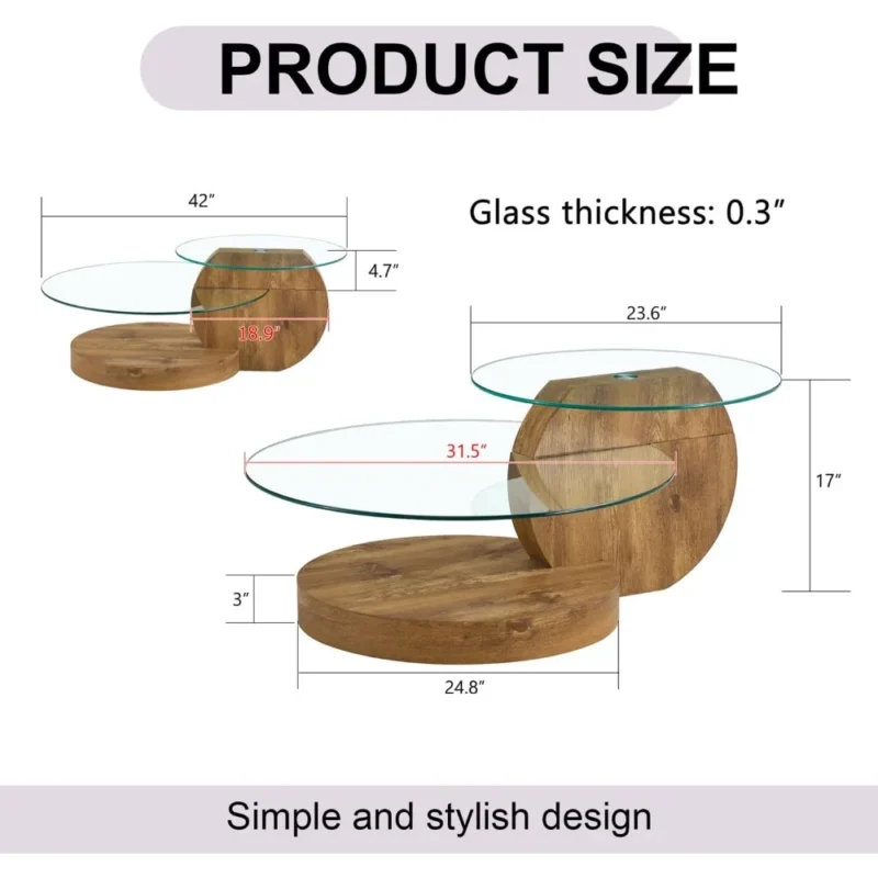 42 Inches Glass Coffee Table, Modern Round Tempered Glass Coffee Tables for Living Room, 3-Tier Circle Wood Coffee Table with St - Image 2