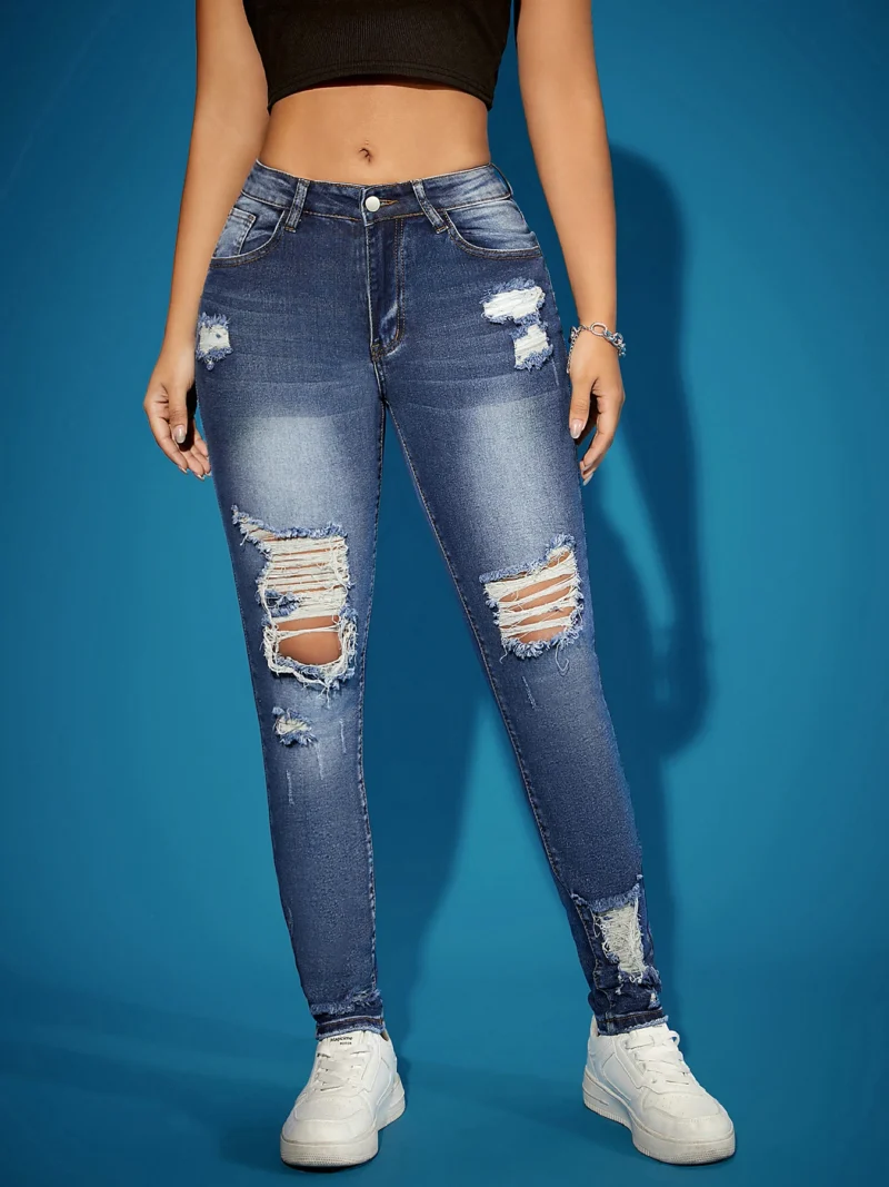Women's Ripped Super Stretch Skinny Jeans High Waist Tummy Control Black Destroyed Vintage Nightclub Trendy Hot Selling - Image 3
