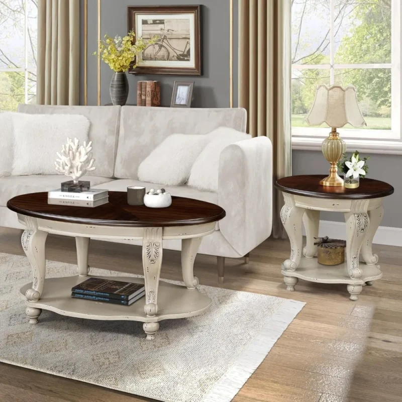 Solid Wood Coffee Table Set for Living Room, Coffee Table & 2 End Side Table 3-Piece Set with Open Storage for Office Apartment - Image 3