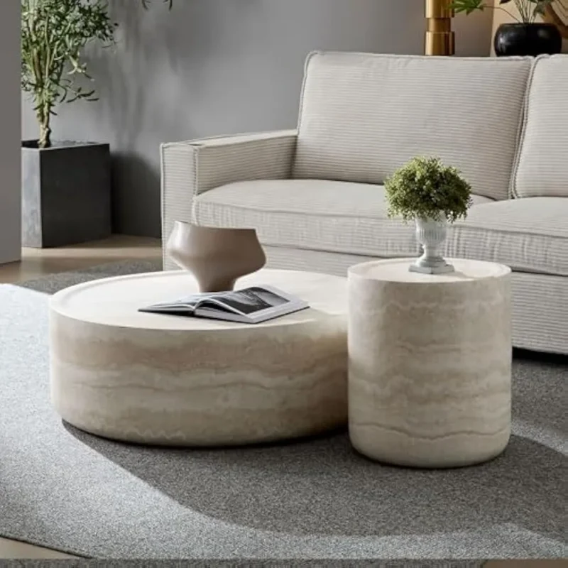 Coffee Table Set of 2, Faux Marble Side Table Round Tea Table Faux Travertine Textured for Living Room, Office, Apartment,
