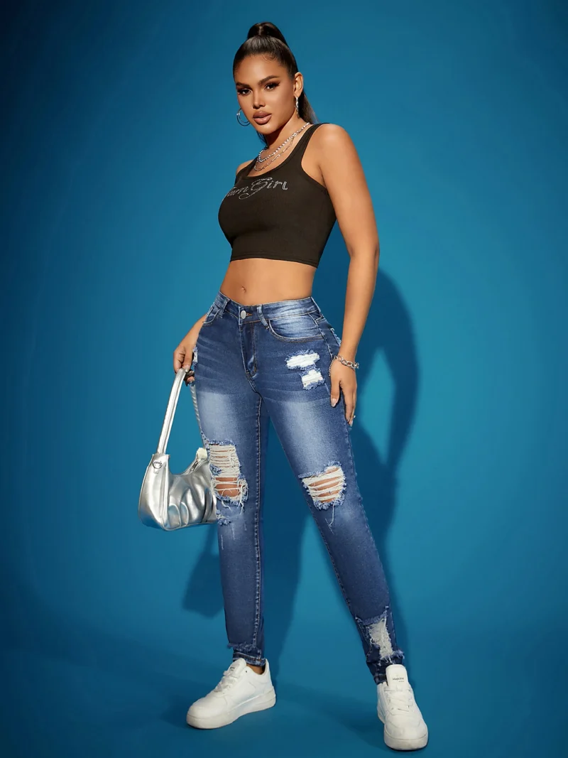 Women's Ripped Super Stretch Skinny Jeans High Waist Tummy Control Black Destroyed Vintage Nightclub Trendy Hot Selling - Image 2