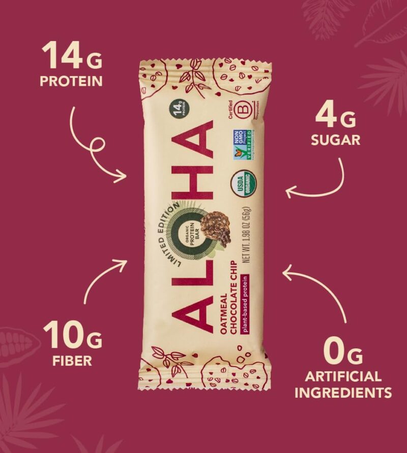 ALOHA Organic Plant Based Protein Bars - Oatmeal Chocolate Chip - 12 Count, 1.9oz Bars - Vegan Snacks, Low Sugar, Gluten-Free, Low Carb, Paleo, Non-GMO, Stevia-Free, No Sugar Alcohols - Image 4