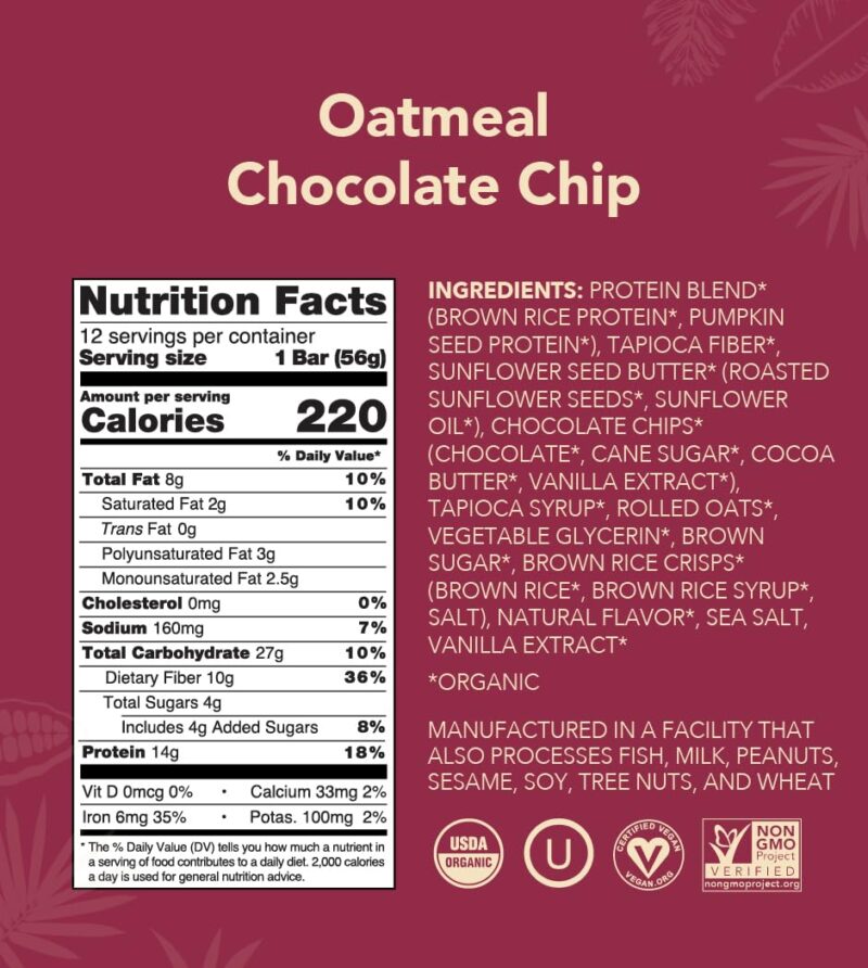 ALOHA Organic Plant Based Protein Bars - Oatmeal Chocolate Chip - 12 Count, 1.9oz Bars - Vegan Snacks, Low Sugar, Gluten-Free, Low Carb, Paleo, Non-GMO, Stevia-Free, No Sugar Alcohols - Image 2