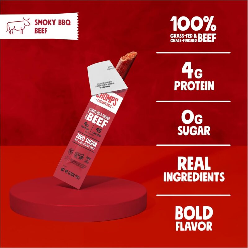 Chomps Snack Size Grass-Fed and Finished Smoky BBQ Beef Jerky Snack Sticks 0.5oz 24-Pack - Keto, Paleo, Whole30, 4g Lean Meat Protein, Gluten-Free, Zero Sugar Food, Non-GMO Chomplings - Image 4