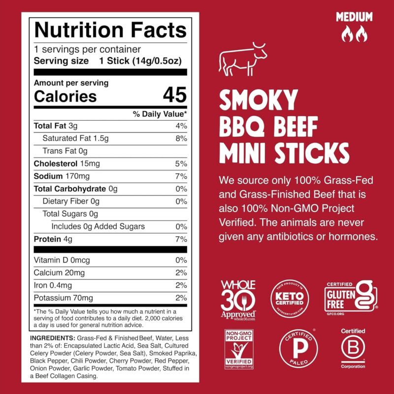 Chomps Snack Size Grass-Fed and Finished Smoky BBQ Beef Jerky Snack Sticks 0.5oz 24-Pack - Keto, Paleo, Whole30, 4g Lean Meat Protein, Gluten-Free, Zero Sugar Food, Non-GMO Chomplings - Image 5
