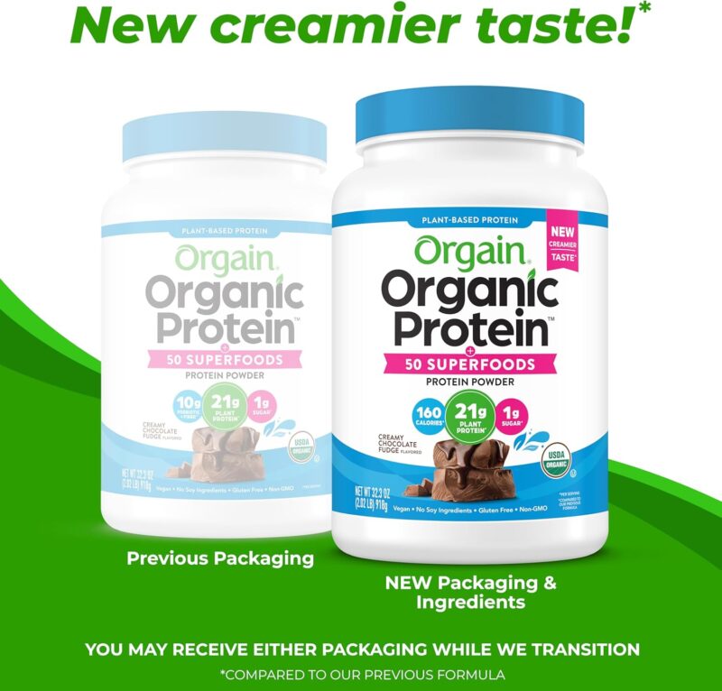 Orgain Organic Vegan Protein + 50 Superfoods Powder, Creamy Chocolate Fudge - 21g Plant Based Protein, 9g Prebiotic Fiber, No Lactose, Gluten Free, No Added Sugar, 2.02 lb (Packaging May Vary) - Image 3
