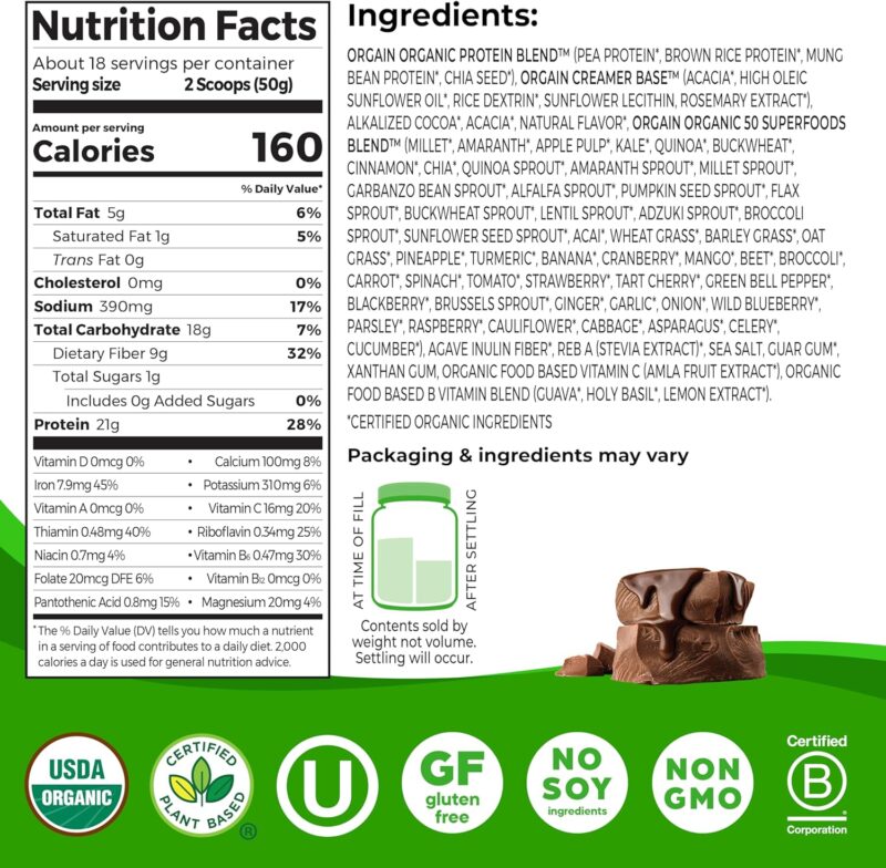 Orgain Organic Vegan Protein + 50 Superfoods Powder, Creamy Chocolate Fudge - 21g Plant Based Protein, 9g Prebiotic Fiber, No Lactose, Gluten Free, No Added Sugar, 2.02 lb (Packaging May Vary) - Image 2