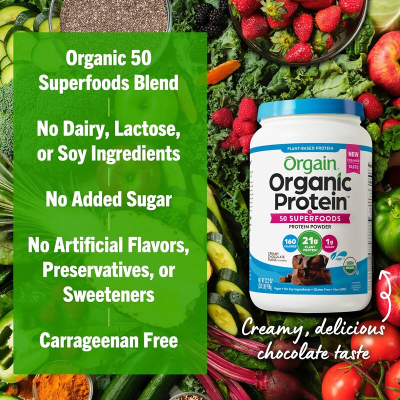 Orgain Organic Vegan Protein + 50 Superfoods Powder, Creamy Chocolate Fudge - 21g Plant Based Protein, 9g Prebiotic Fiber, No Lactose, Gluten Free, No Added Sugar, 2.02 lb (Packaging May Vary) - Image 5